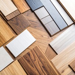 Assorted flooring samples laid out
