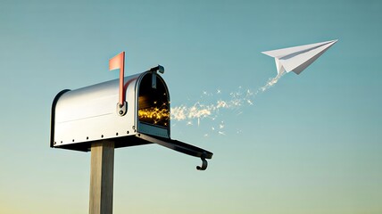 Open mailbox releasing paper airplane with flying message concept