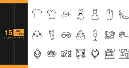 Fashion Line Icons Set Clothing Accessories and Sewing Equipment for Garment Creation and Fashion Boutique Design
