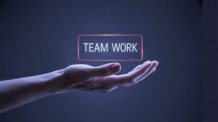 Open palm presenting virtual teamwork button in futuristic business interface