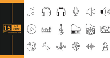 Set of fifteen music line icons representing different aspects of music production and consumption with clean and modern design