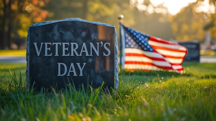Veteran's day gravestone with american flag in cemetery