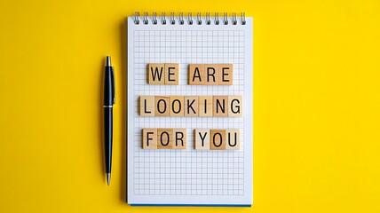 Notepad with wooden letter blocks saying we are looking for you on yellow background