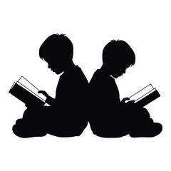 Silhouette black vector two children reading books, silhouetted and isolated on white background