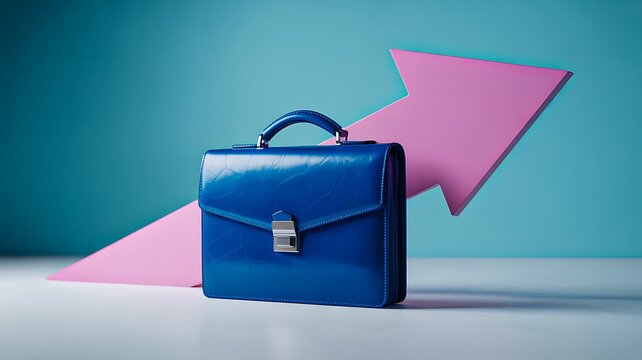 Blue business briefcase with rising pink arrow on modern background - Powered by Adobe