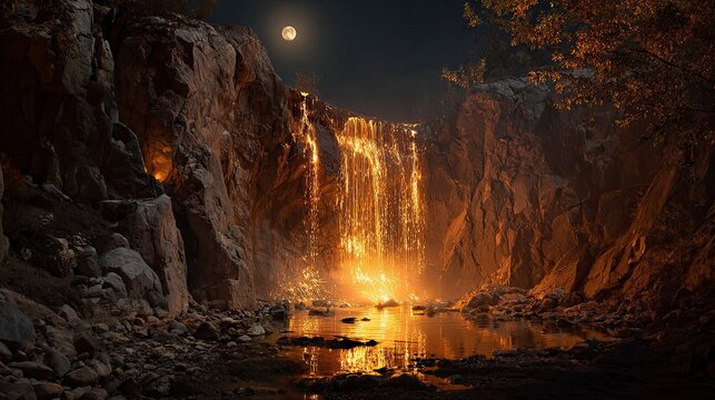 Golden waterfall in a canyon at night - Powered by Adobe