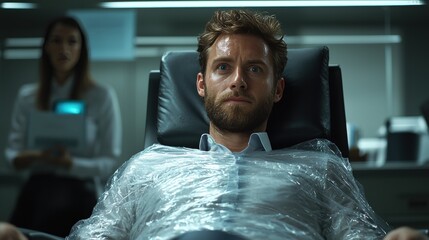 In corporate office setting, coworker's chair is wrapped in plastic wrap