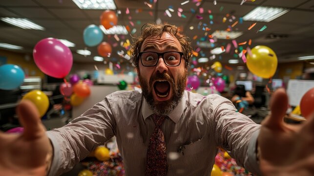 Returning from vacation, employee experiences surprise and laughter as they discover their cubicle filled colorful balloons in vibrant office setting illuminated natural light