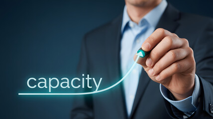 Businessman increasing capacity with glowing arrow and data visualization