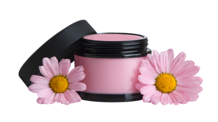Pink lip balm in pink and black jar o white background 