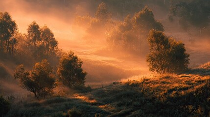 Fototapeta premium Misty sunrise valley landscape