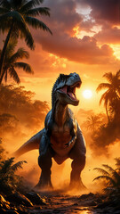 AI-generated cinematic illustration of a roaring dinosaur at sunset
