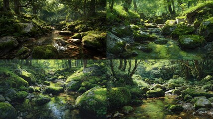 Four tranquil forest scenes depict a stream flowing amidst moss-covered rocks and lush green foliage