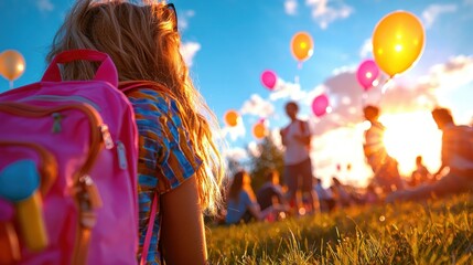 In sunny outdoor setting, group of students watches amusement as their friend discovers their backpack is filled helium balloons Laughter fills air as backpack floats slightly