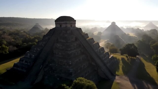 Aerial view of the teotihuacan pyramids shrouded in morning fog, showcasing the ancient mesoamerican civilization and its architectural marvels under a soft sunlight