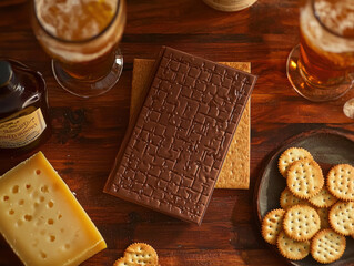 quirky birthday card reading Youre aging like fine cheese is artfully arranged on wooden desk cheese, crackers, and drinks Soft lighting enhances charming setup