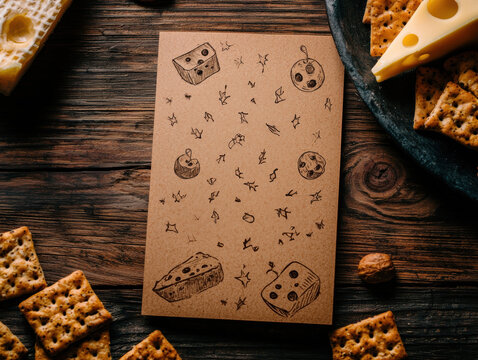 Unique birthday card featuring humorous message about aging, surrounded cheese and crackers on wooden desk Warm lighting adds cozy atmosphere of setup