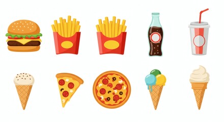 Vibrant illustrations of fast food and sweet treats burgers, fries, pizza, ice cream, and beverages, depicting popular indulgent unhealthy snacks.