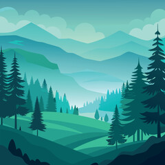Fototapeta premium Photo of serene mountain landscape with rolling green hills and pine forest under a blue sky with clouds