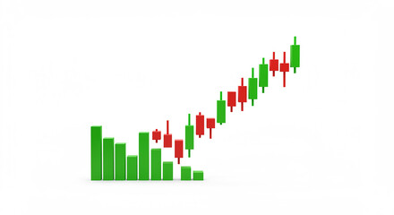 A candlestick chart showing an upward trend with green and red bars on a white background