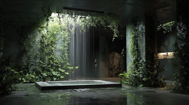 Overgrown abandoned interior space