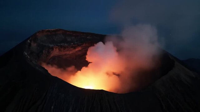 Dramatic view of mount bromo volcano crater at night, with glowing lava and smoke rising, showcasing the raw power and beauty of nature in east java, indonesia
