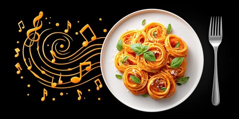 Creative plate of spaghetti pasta with basil and musical notes for food advertising.