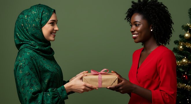 Two smiling women exchanging a Christmas gift with a festive tree in the background.