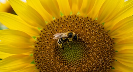 Naklejka premium A bee busily collecting pollen on a bright yellow sunflower.