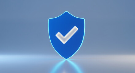 A blue shield with a white checkmark on a light blue background with a reflective surface below it