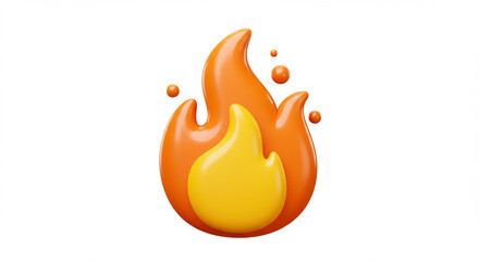 A rendered image of a stylized fire flame with orange and yellow colors on a white background space