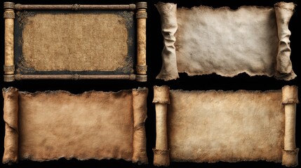 Four aged parchment scrolls with varying textures, framing, and curled edges, against a stark black background