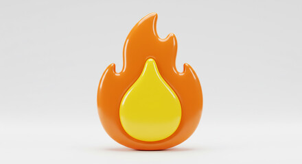 Isolated orange and yellow flame icon with a glossy finish on a plain white background in a studio shot