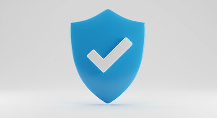 A blue shield with a white check mark in the center on a white background in a studio setting