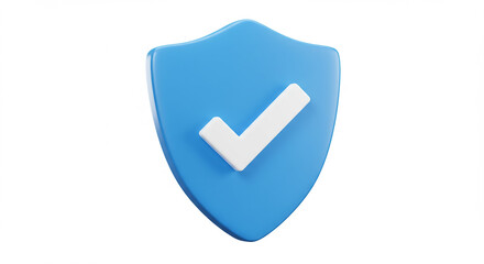 A blue shield with a white checkmark in the center on a plain white background in a rendered style