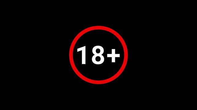 Animated 18+ icon on a black background, clearly marking content for viewers 18 and older, ideal for age-restricted websites or videos
