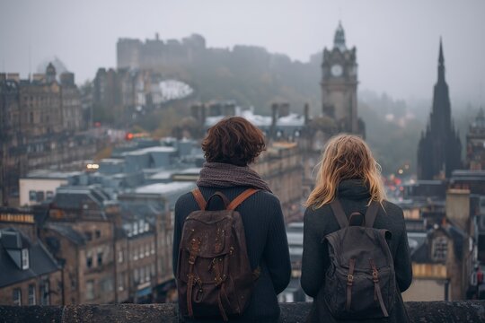 Two travelers admiring Edinburgh cityscape on a misty day - Powered by Adobe