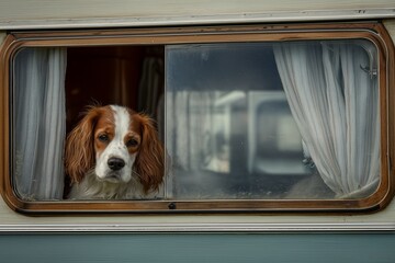 Cavalier King Charles Spaniel Dog Peeking from Caravan Window
