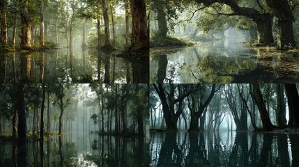 Four scenic views of a flooded forest, with trees reflecting in the still water, creating a serene atmosphere