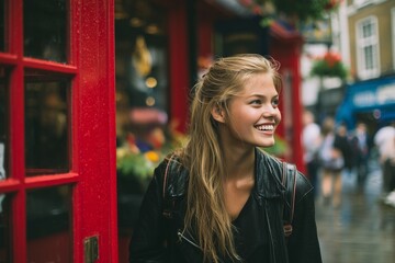 Rain Woman smiling in city by red window frame