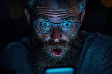 Caught in moment of disbelief, individual stares wide eyed their smartphone, realizing they mistakenly sent awkward text