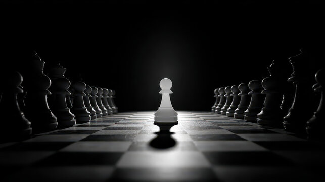 Single white pawn facing full row of opposing chess pieces