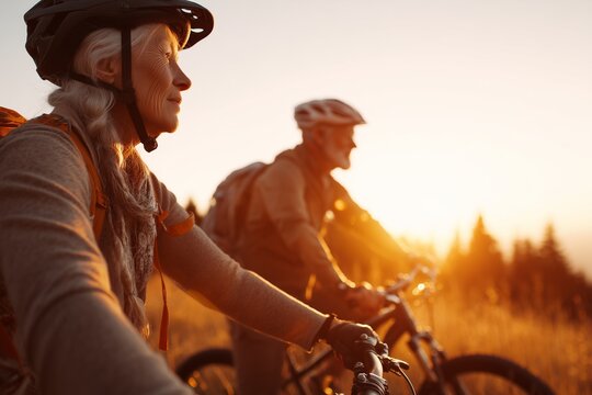 Senior cyclists enjoy mountain biking at golden sunset