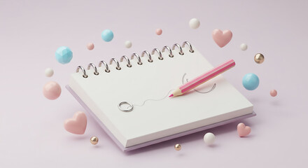 A pastel scene with a notebook pink pencil and floating spheres and hearts on a light background