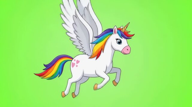 Magical Rainbow Unicorn Soars: Animated Flight on Green Screen