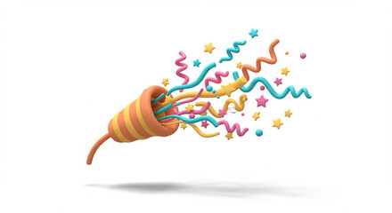 A festive party popper with orange stripes releasing colorful confetti and streamers on a white background