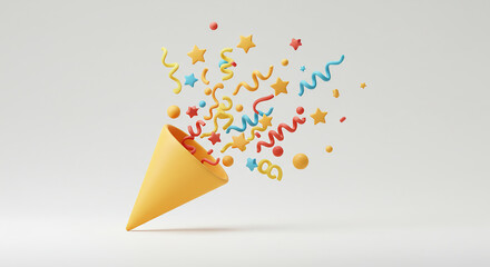 A yellow party popper with colorful confetti and stars on a white background studio shot scene