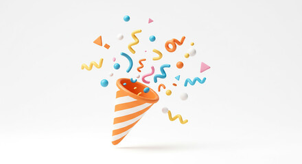 A festive party popper with colorful confetti on a white background celebration and joy concept