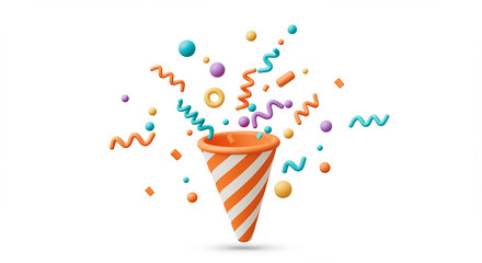 Party popper with orange and white stripes exploding with colorful confetti on a white background