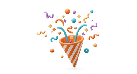 A festive party popper with colorful confetti on a clean white background creates a celebratory mood